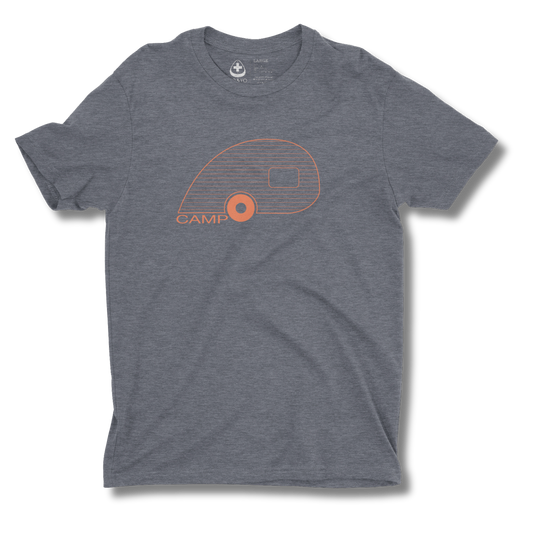 Gray t-shirt with orange graphic design on a white background