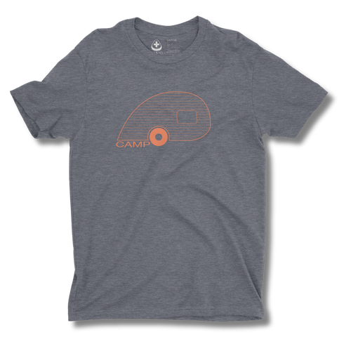 Gray t-shirt with orange graphic design on a white background