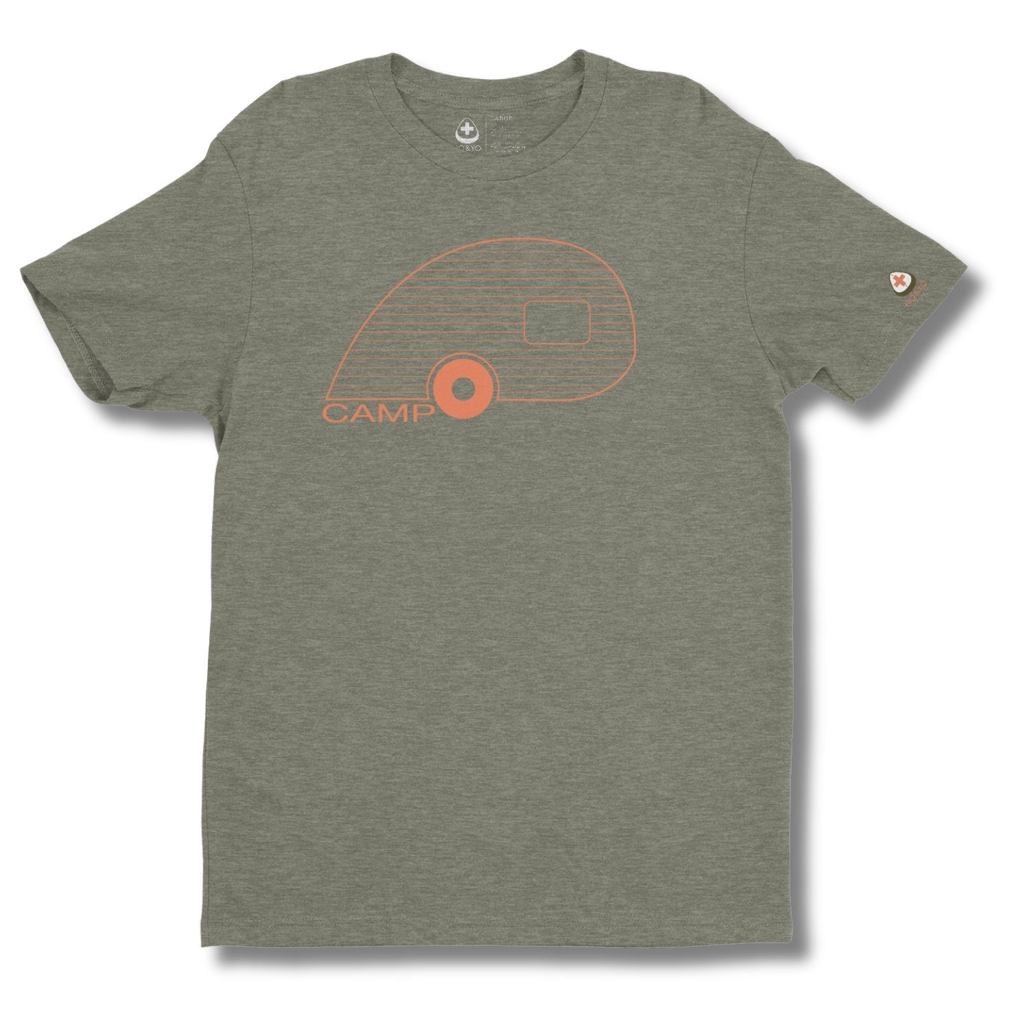 Gray t-shirt with orange 'CAMP' and caravan design on a white background
