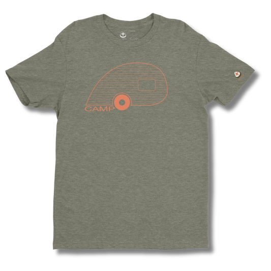 Gray t-shirt with orange 'CAMP' and caravan design on a white background