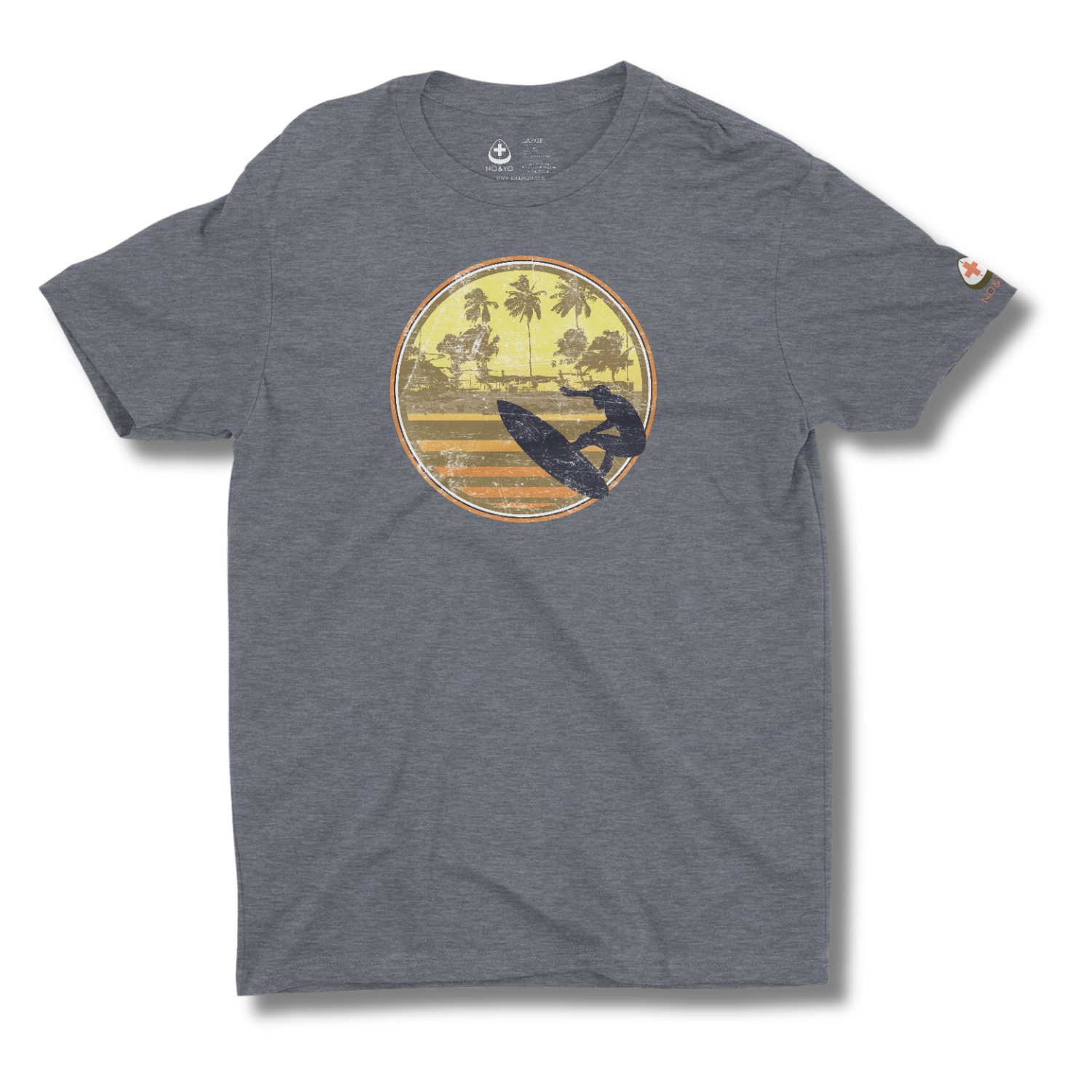 Heather navy premium vintage surfer adventure graphic tee featuring retro sunset surf graphic – NO&YO men’s outdoor lifestyle t-shirt front view