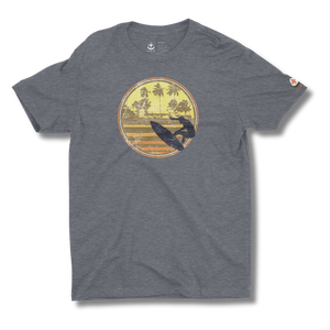 Heather navy premium vintage surfer adventure graphic tee featuring retro sunset surf graphic – NO&YO men’s outdoor lifestyle t-shirt front view