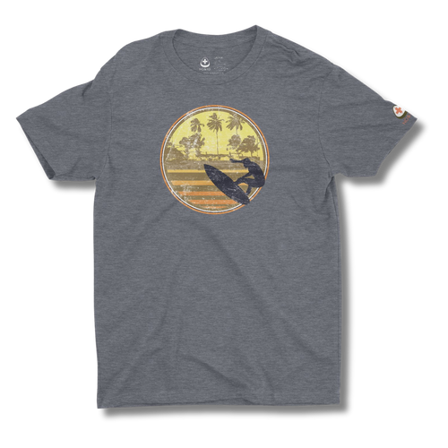 Gray t-shirt with a graphic design of a sunset over water and palm trees on a white background