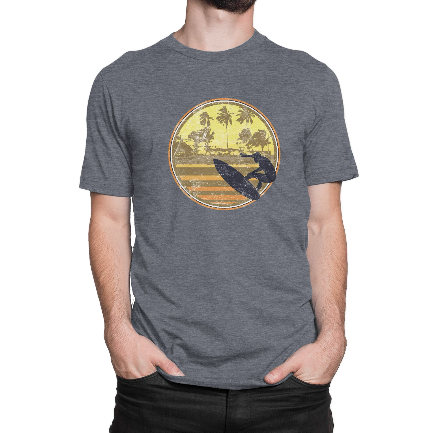 Ride the wave in style with the NO&YO Vintage Surfer Adventure Tee in heather navy. Featuring a retro palm tree and surf design, this premium shirt is built for explorers who love the ocean."