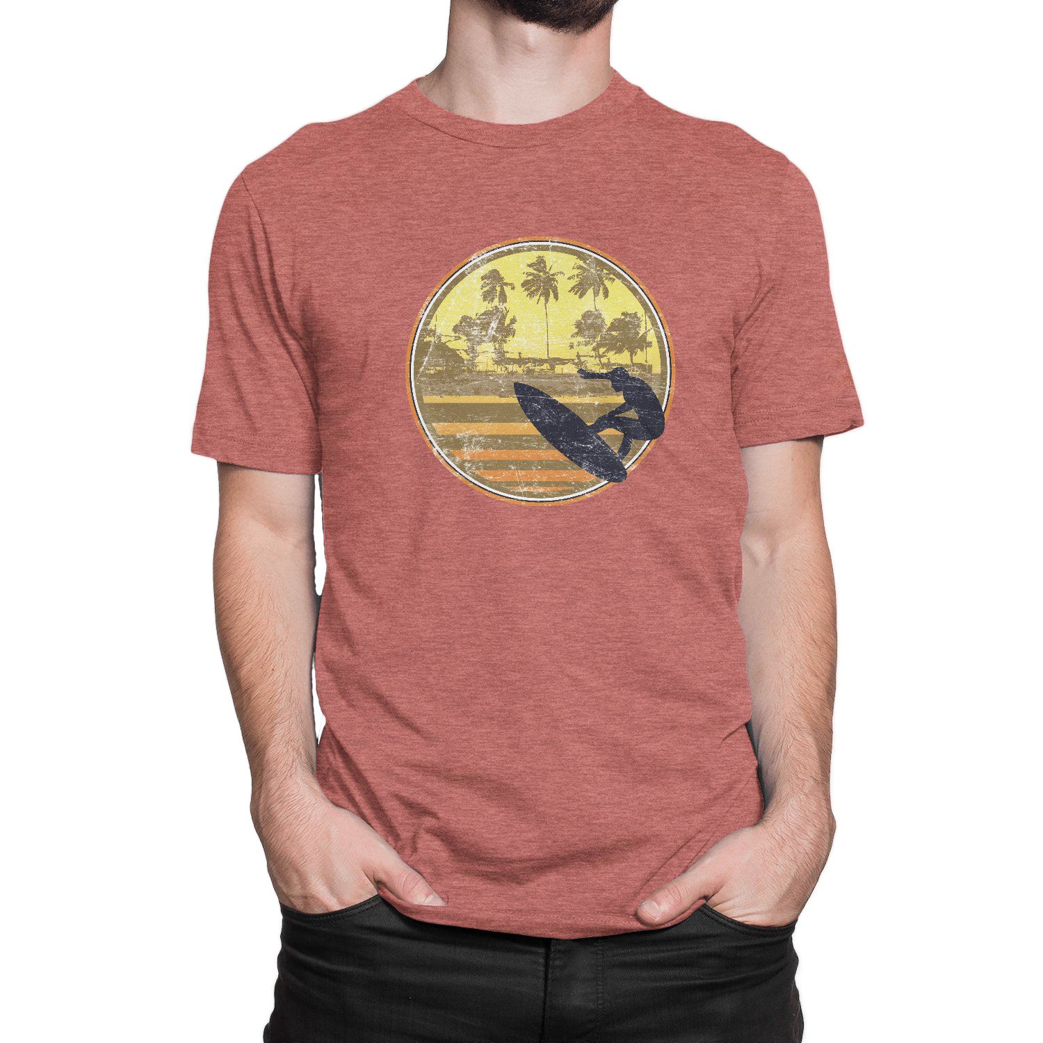 Catch coastal vibes with the NO&YO Vintage Surfer Adventure Tee in heather red. Designed with a bold surfer graphic, this soft, durable t-shirt blends classic retro style with modern comfort.
