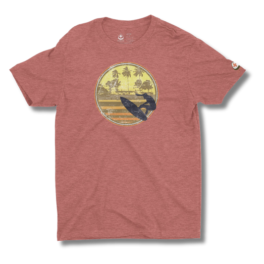 Premium red vintage surfer adventure graphic tee with sunset surf design – NO&YO men’s luxury adventure apparel front view
