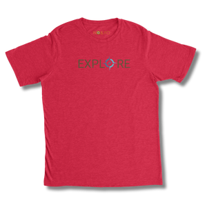 Red t-shirt with 'EXPLORE' text on a white background