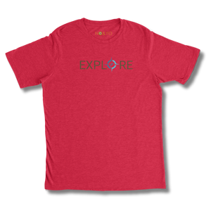 Red t-shirt with 'EXPLORE' text on a white background
