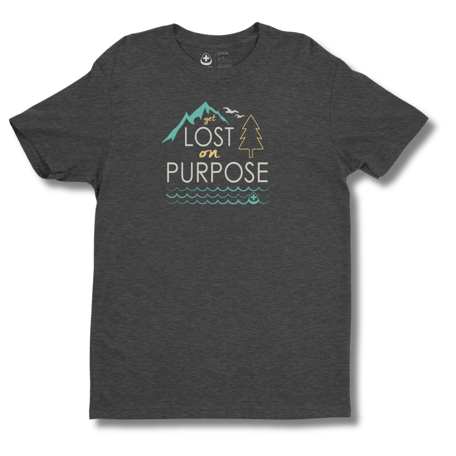 Dark gray t-shirt with nature-themed graphic and Get Lost on Purpose text on a heather black background