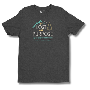 Dark gray t-shirt with nature-themed graphic and Get Lost on Purpose text on a heather black background