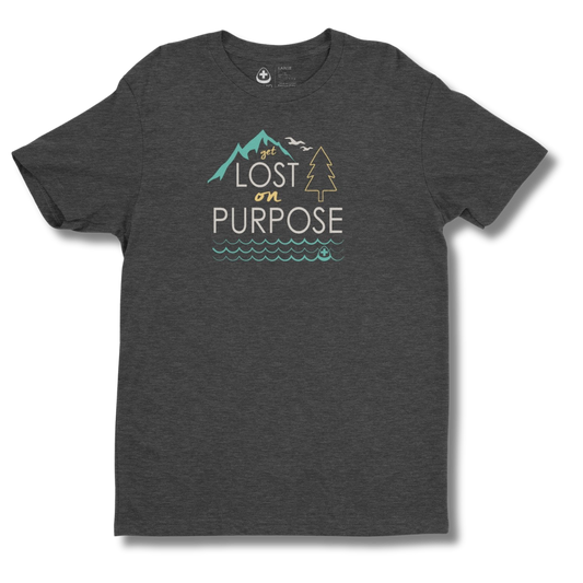 Dark gray t-shirt with nature-themed graphic and Get Lost on Purpose text on a heather black background