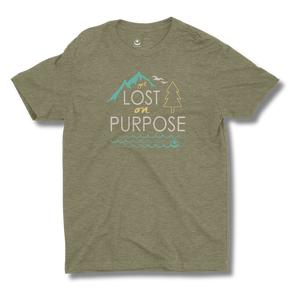 Military green-shirt with nature-themed graphic and Get Lost on Purpose text on a military green background