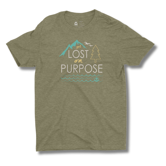 Military green-shirt with nature-themed graphic and Get Lost on Purpose text on a military green background