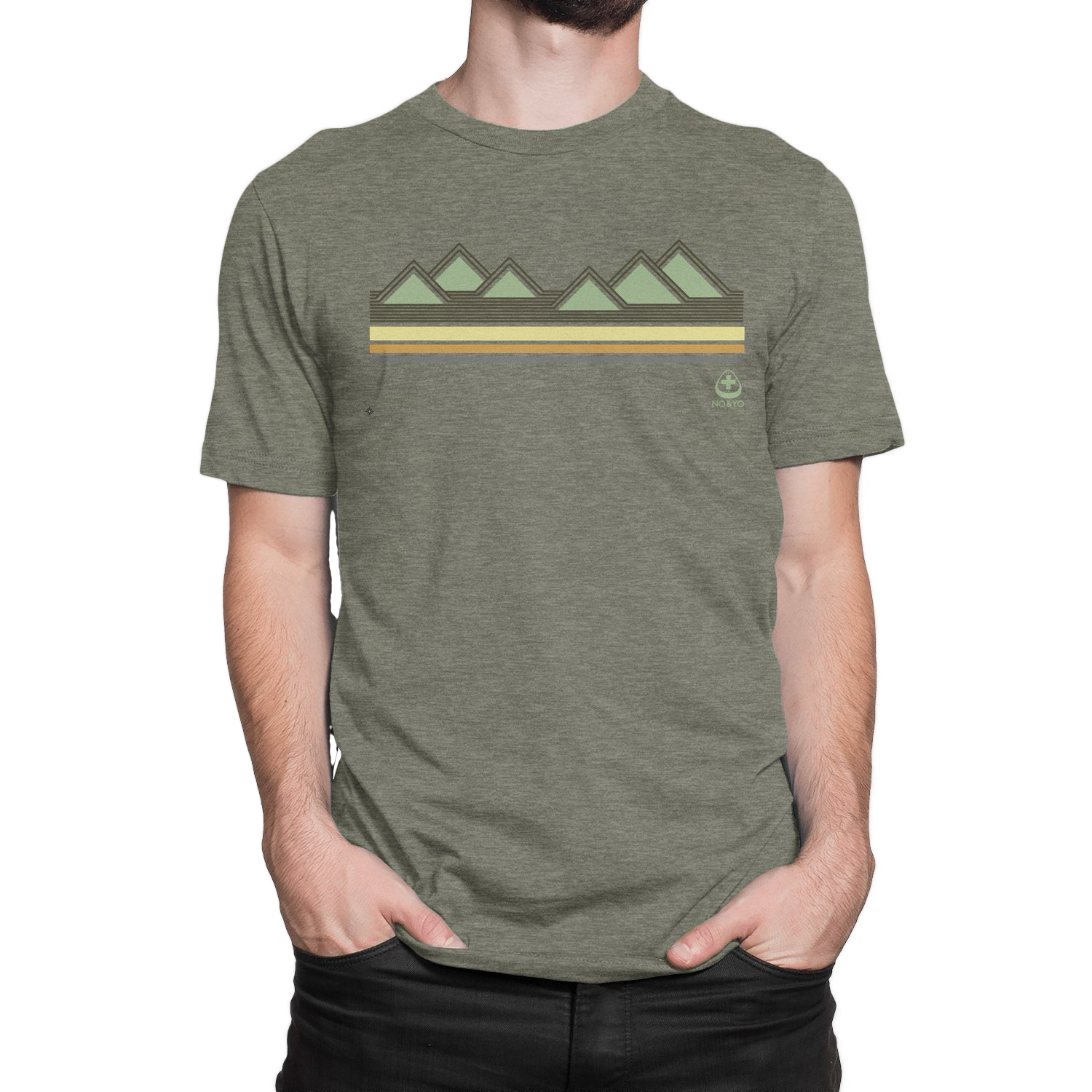 Adventure begins with the NO&YO Mountain Sunset Tee in military green. Featuring a striking mountain graphic with retro stripes, this premium t-shirt combines rugged outdoor style with everyday comfort and durability.