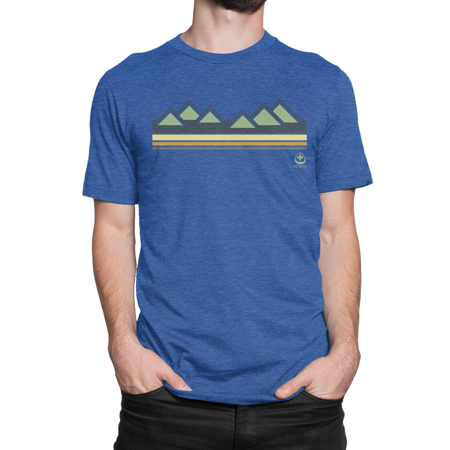 Reach new heights with the NO&YO Mountain Sunset Tee in royal blue. Featuring a bold mountain graphic with retro stripes, this premium adventure t-shirt blends rugged outdoor style with everyday comfort.