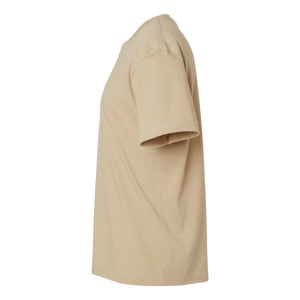 Side profile of NO&YO tan cotton blend tee for men with “Live to Explore” graphic on front.