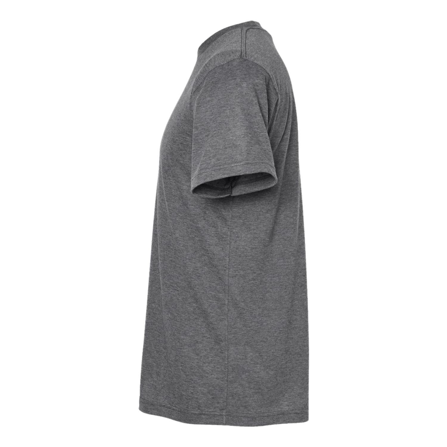 Side profile of NO&YO CLIMB adventure graphic t-shirt in heather gray showing athletic fit and soft fabric blend for casual or active wear.