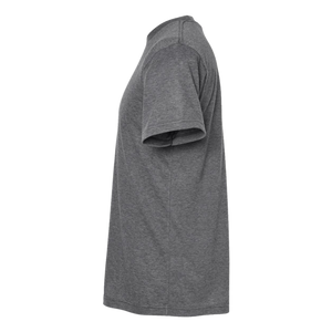 Side profile of NO&YO CLIMB adventure graphic t-shirt in heather gray showing athletic fit and soft fabric blend for casual or active wear.