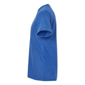 Side profile of NO&YO men’s rugged royal blue mountain graphic tee, premium cotton blend for outdoor comfort.