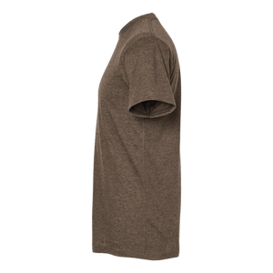 Side view of NO&YO brown graphic t-shirt showing fit, made with soft, breathable fabric for hiking and casual wear.