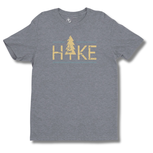 Gray t-shirt with 'Hike' and tree graphic on a white background