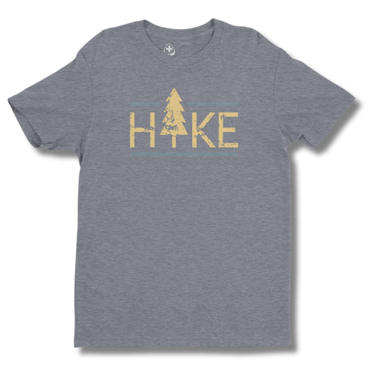 Gray t-shirt with 'Hike' and tree graphic on a white background