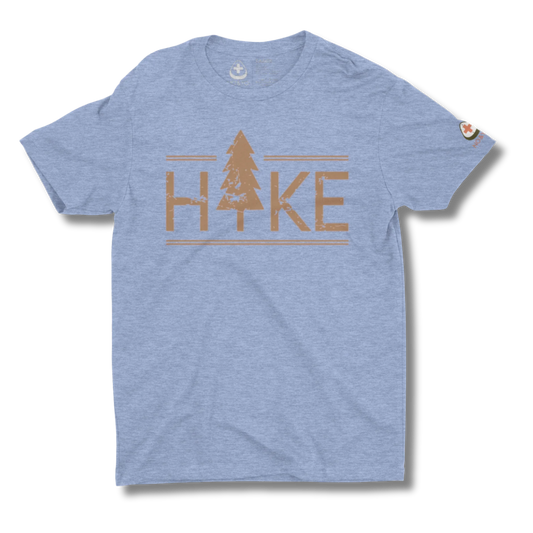 Blue t-shirt with 'Hike' and tree graphic on a blue background
