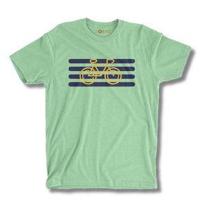 Green t-shirt with a yellow bicycle design on a white background