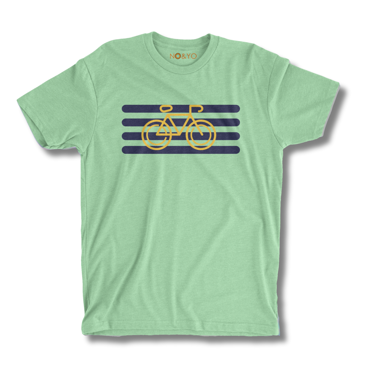 Green t-shirt with a yellow bicycle design on a white background