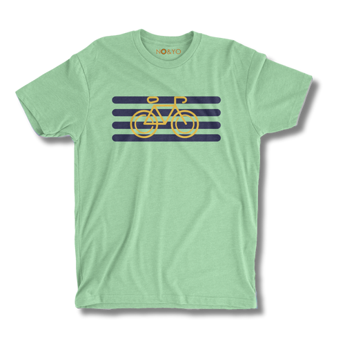 Green t-shirt with a yellow bicycle design on a white background