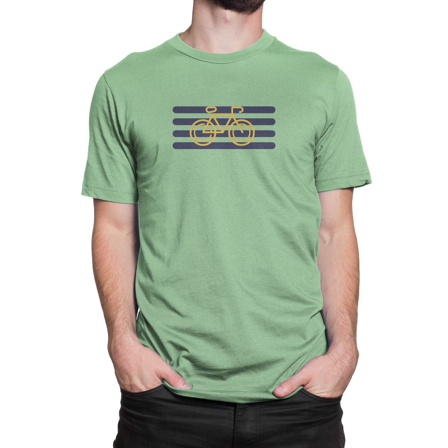 Front view of NO&YO Apple green cyclist graphic tee with yellow bike and navy stripes design.