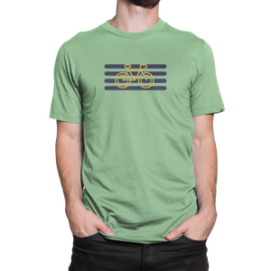 Front view of NO&YO Apple green cyclist graphic tee with yellow bike and navy stripes design.