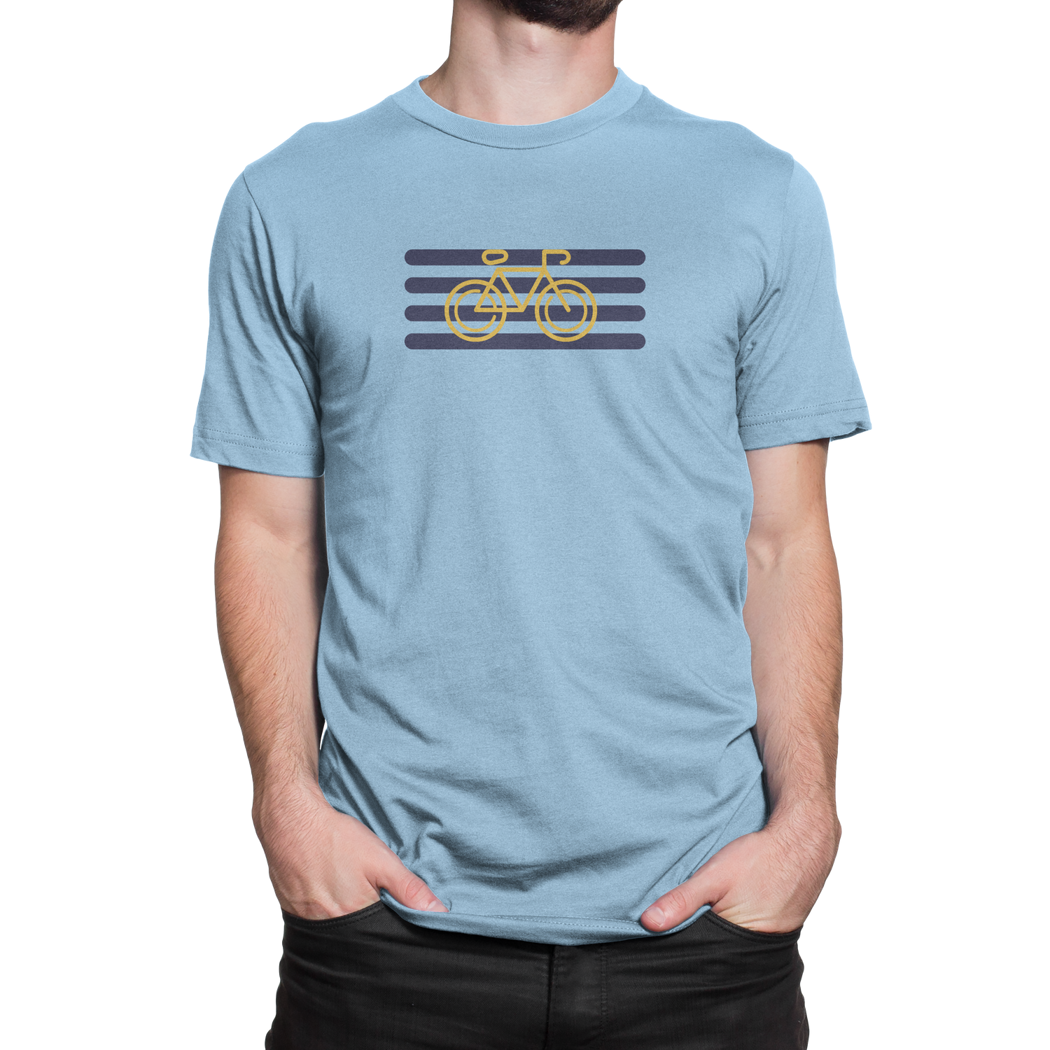 Front view of NO&YO light blue cyclist graphic tee with yellow bike and navy stripes design.