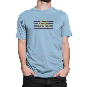 Front view of NO&YO light blue cyclist graphic tee with yellow bike and navy stripes design.