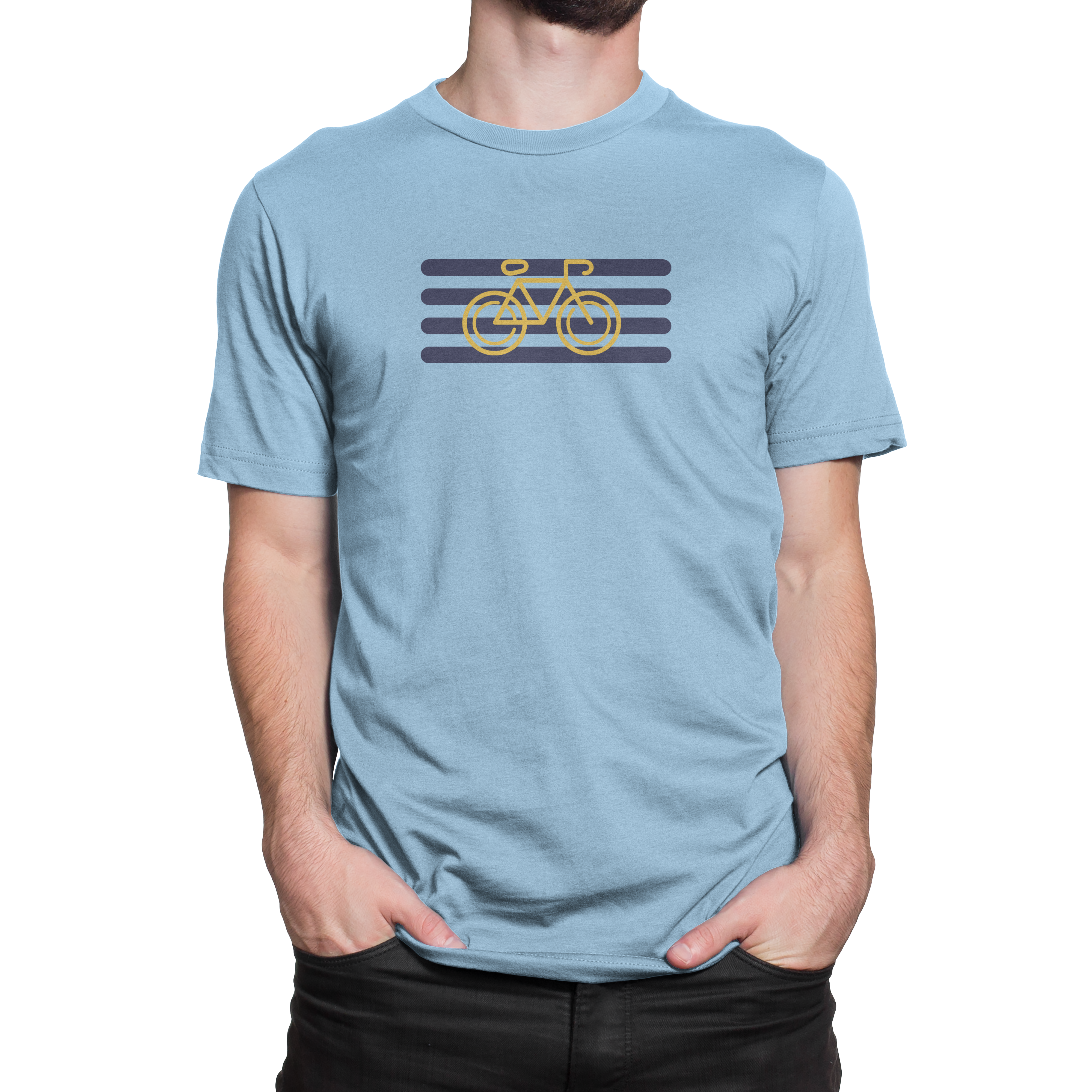 Front view of NO&YO light blue cyclist graphic tee with yellow bike and navy stripes design.