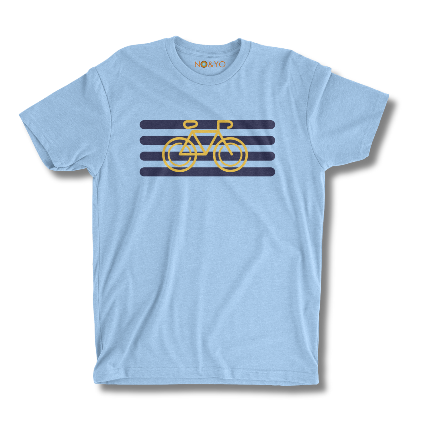 Light blue t-shirt with a yellow bicycle graphic on a white background