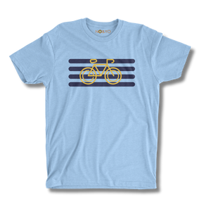 Light blue t-shirt with a yellow bicycle graphic on a white background
