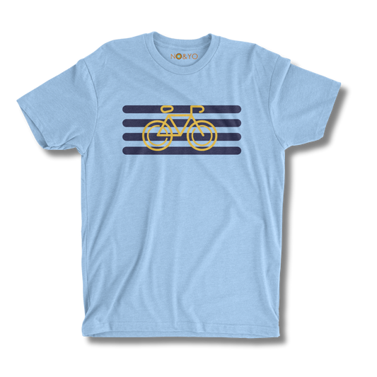 Light blue t-shirt with a yellow bicycle graphic on a white background