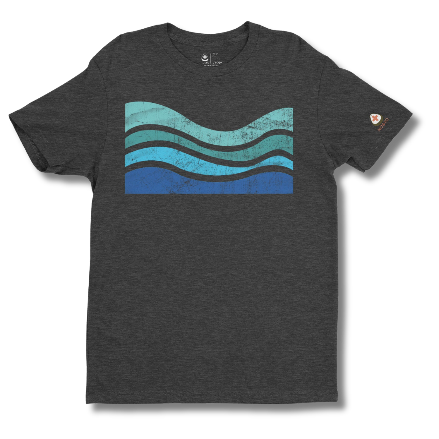 Gray t-shirt with blue and green wavy design on a white background