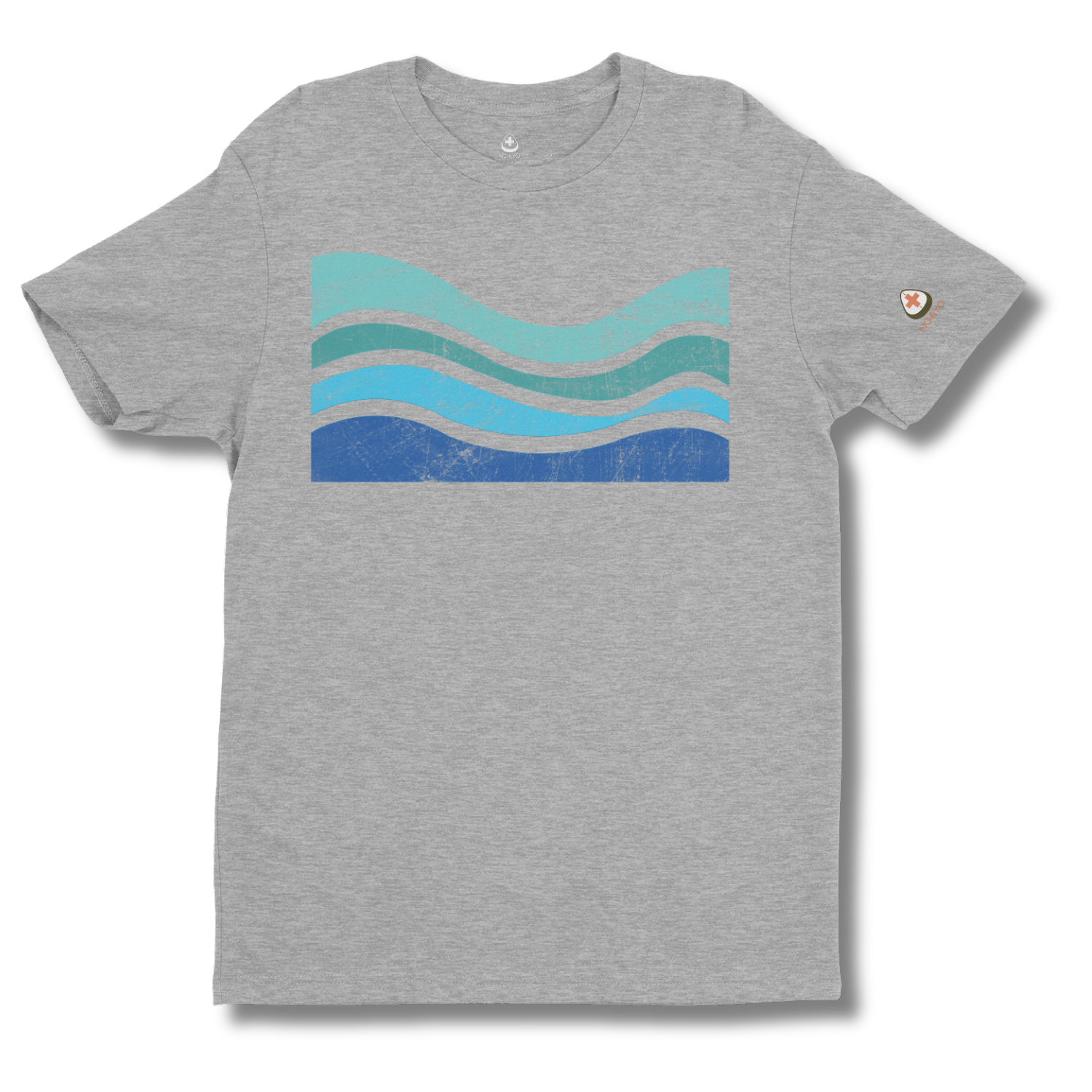 Gray t-shirt with a colorful wavy design on a white background