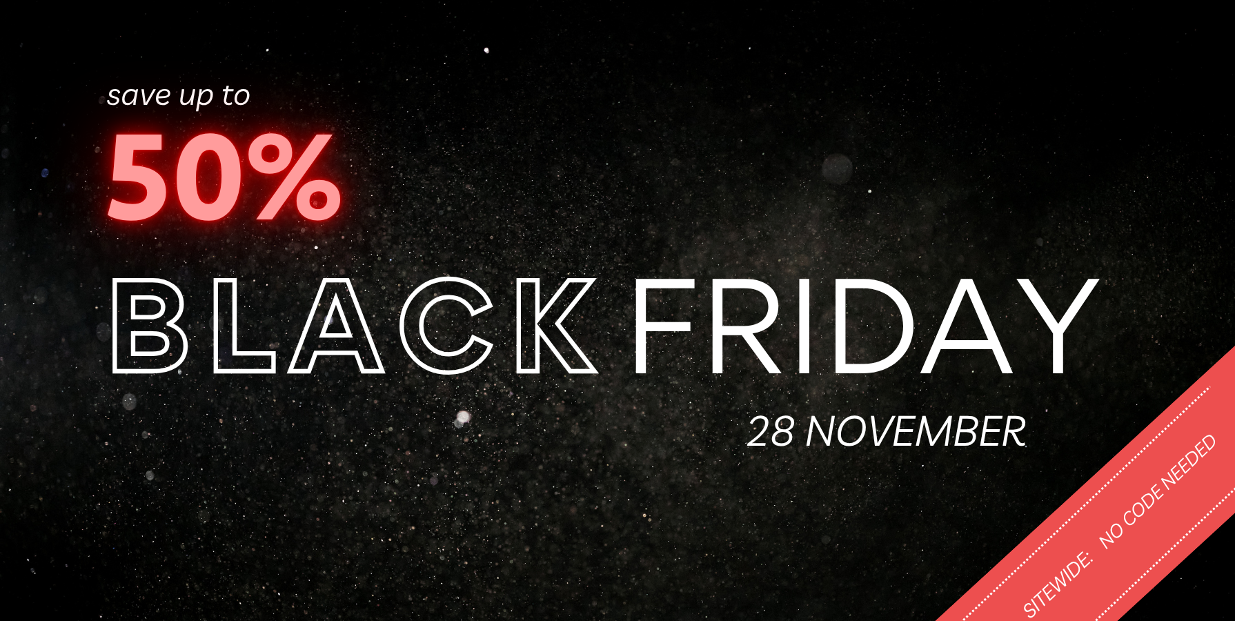 “NO&YO Black Friday banner showing up to 50% off sitewide on November 28, featuring a dark textured background with bold white and red typography promoting a luxury outdoor apparel sale.”