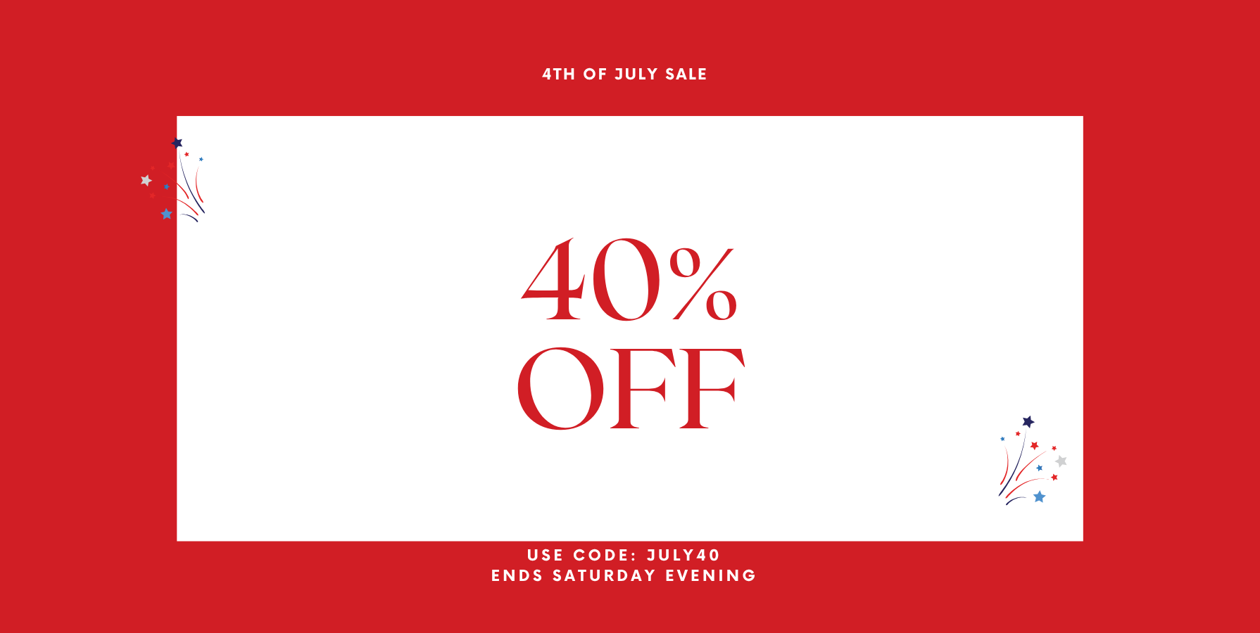 NO&YO Fourth of July sale banner offering 40% off with code JULY40, ending Saturday evening.