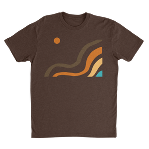 NO&YO Canyon Flow Tee in brown featuring minimalist canyon-inspired artwork on a premium men’s outdoor lifestyle t-shirt, front view.