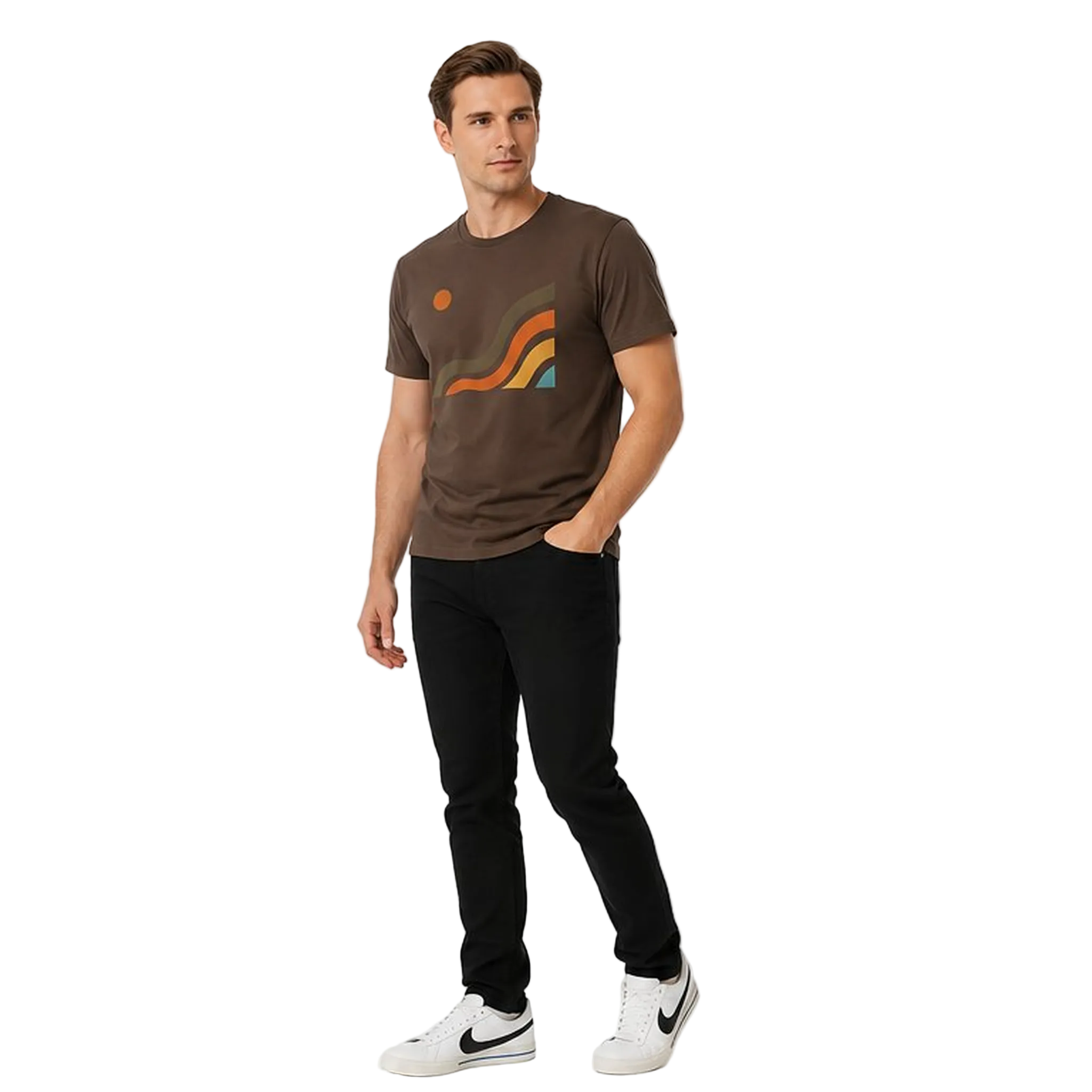 Angled view of the NO&YO Canyon Flow Tee in brown with minimalist canyon artwork, black pants, and white sneakers in a clean studio setting.