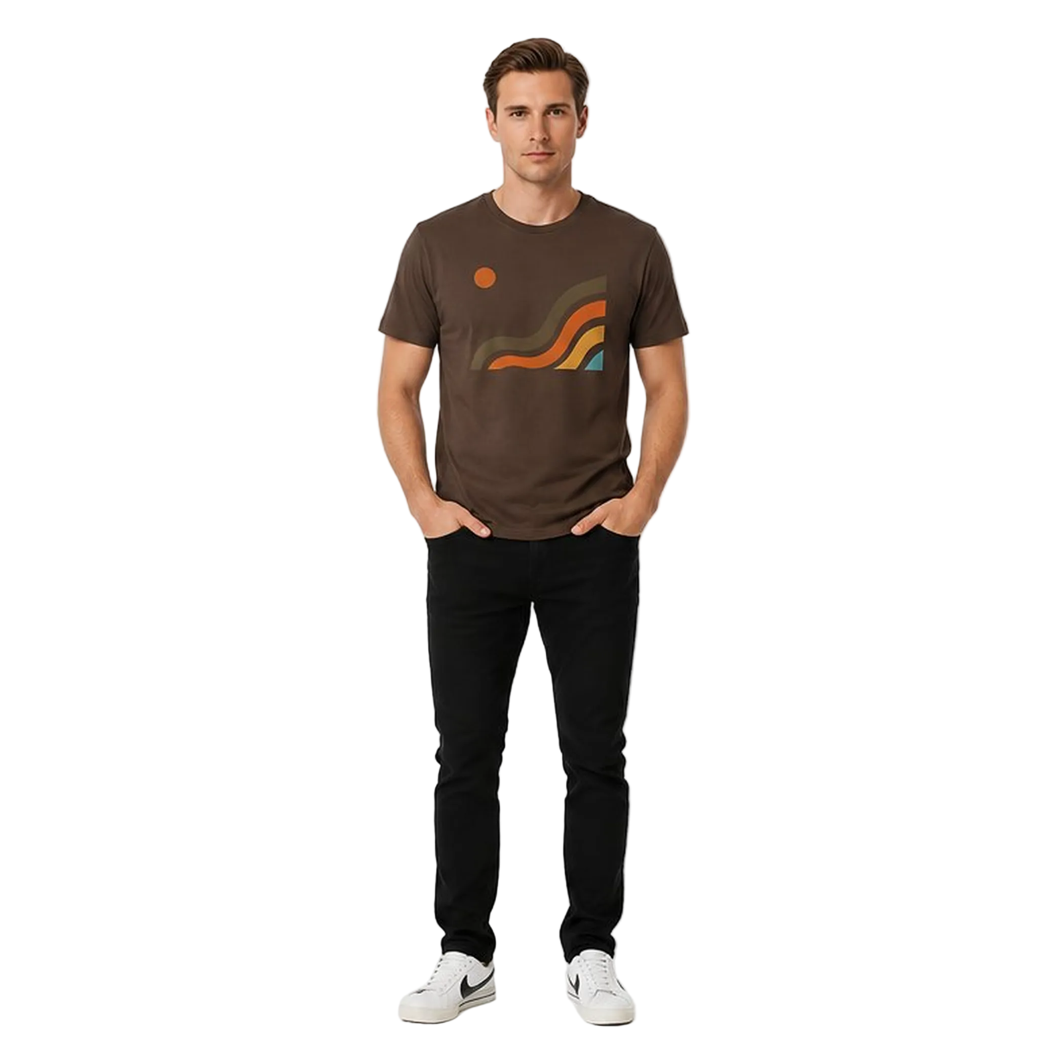 NO&YO Canyon Flow Tee in brown featuring minimalist canyon-inspired artwork on a premium men’s outdoor lifestyle t-shirt, front view.