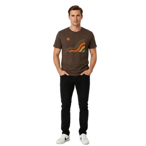 NO&YO Canyon Flow Tee in brown featuring minimalist canyon-inspired artwork on a premium men’s outdoor lifestyle t-shirt, front view.
