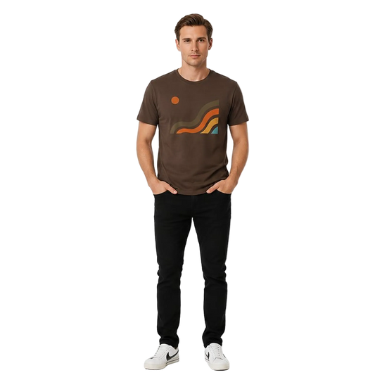 NO&YO Canyon Flow Tee in brown featuring minimalist canyon-inspired artwork on a premium men’s outdoor lifestyle t-shirt, front view.