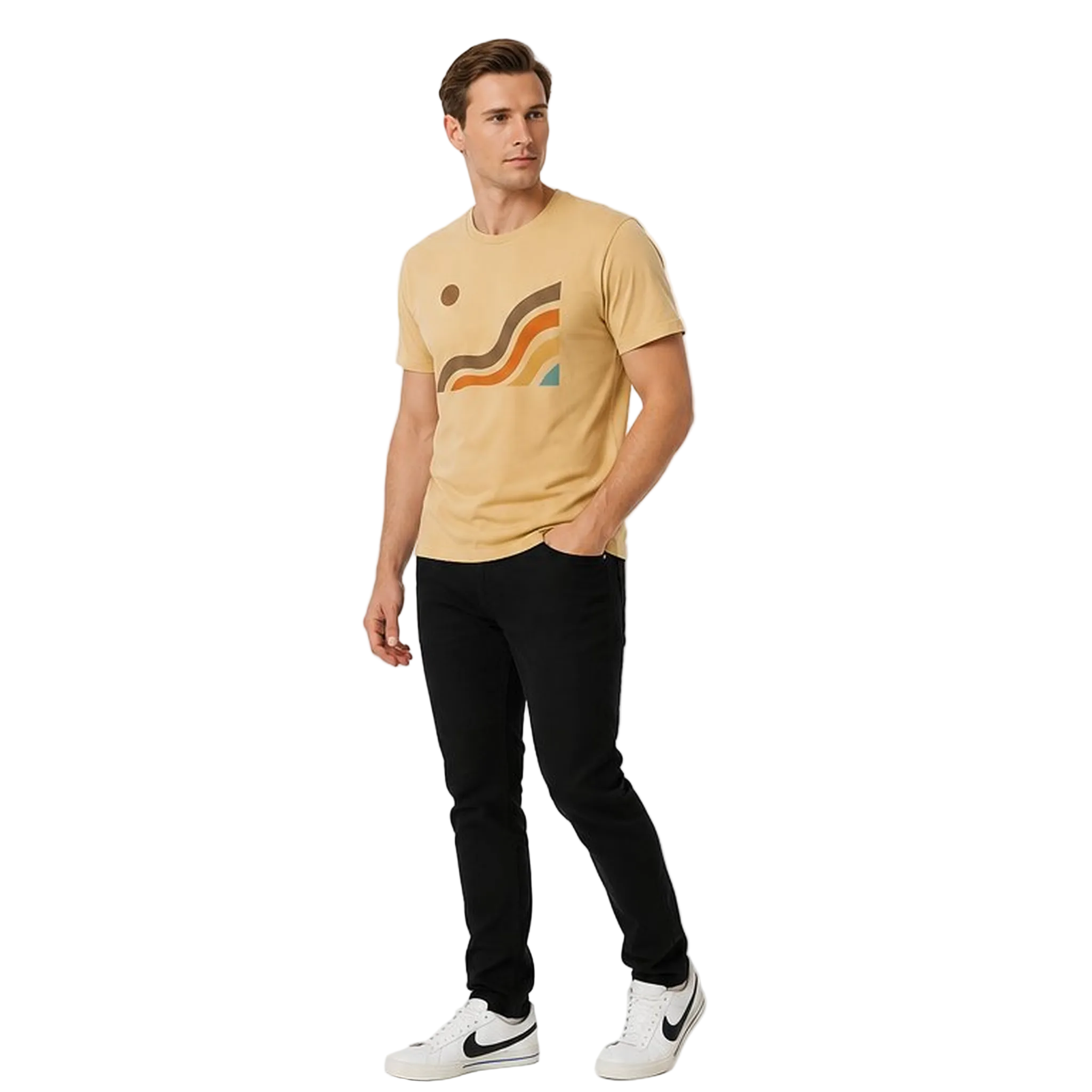 Angled view of the NO&YO Canyon Flow Tee in sand with retro-inspired canyon graphics and modern outdoor lifestyle styling in a bright studio.