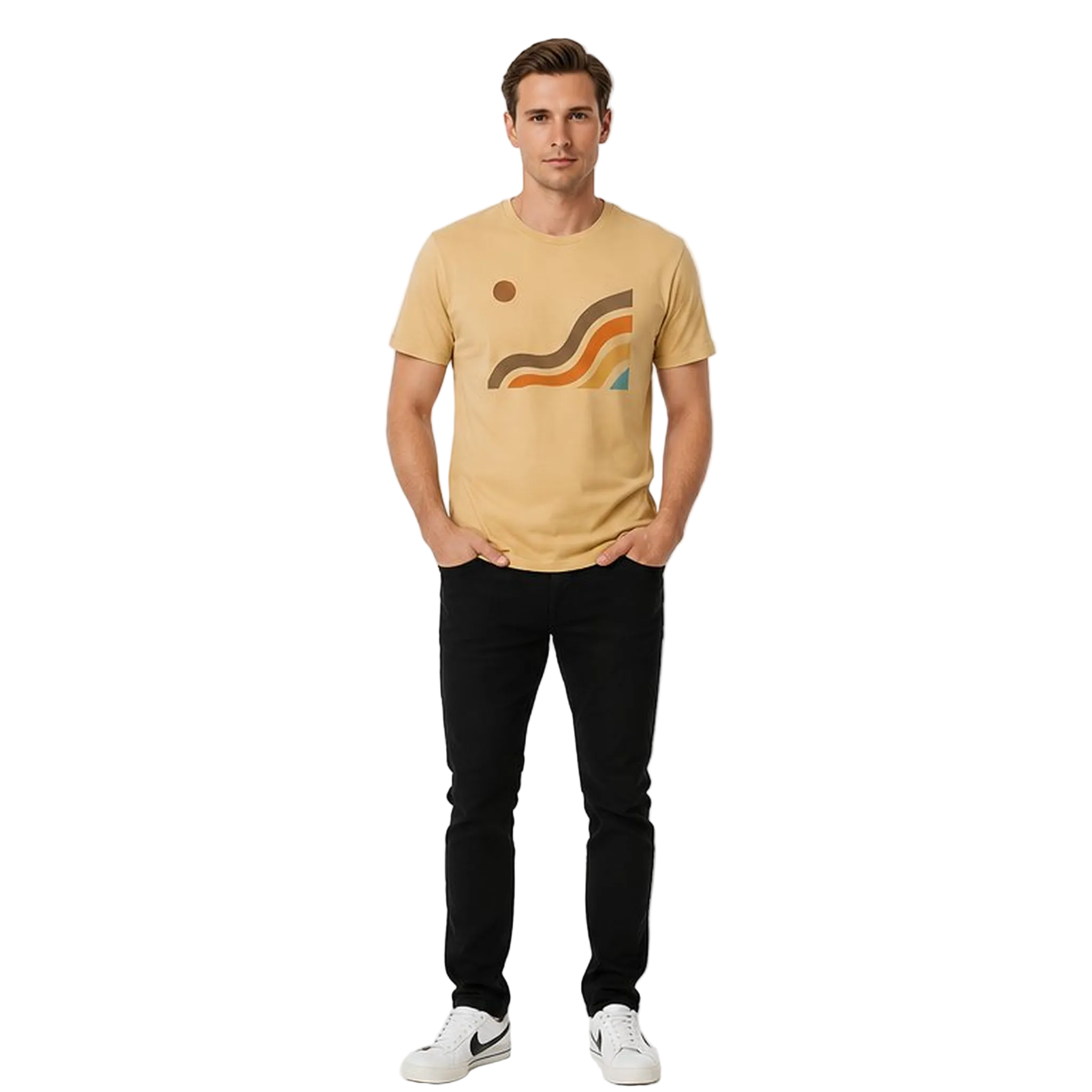 NO&YO Canyon Flow Tee in sand featuring modern canyon-inspired artwork on a premium men’s adventure t-shirt, front view.