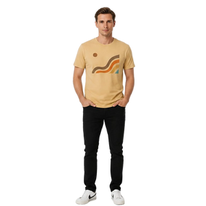 NO&YO Canyon Flow Tee in sand featuring modern canyon-inspired artwork on a premium men’s adventure t-shirt, front view.
